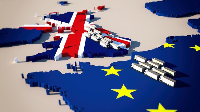 Map of Europe, with UK and EU differentiated by flags and with lorries waiting to cross